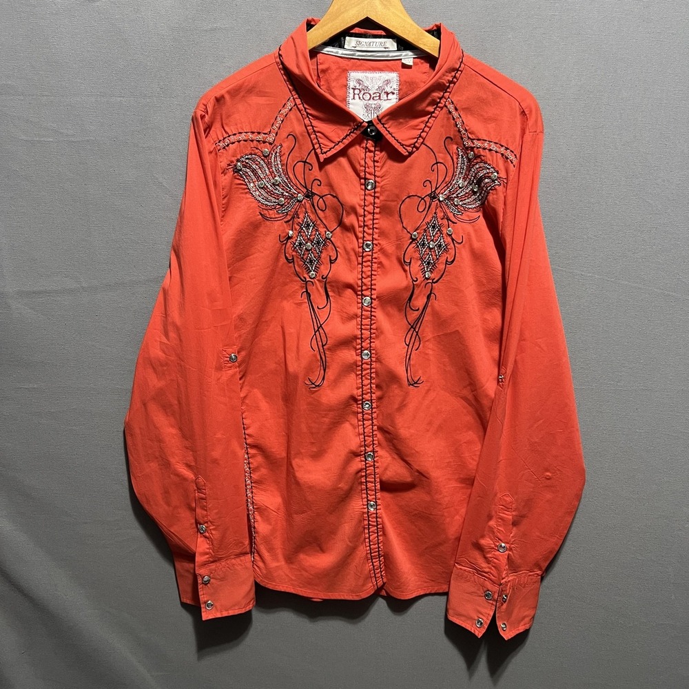 Roar Shirt Womens XL Orange Embroidered Western Snap Button Up Long Sleeve